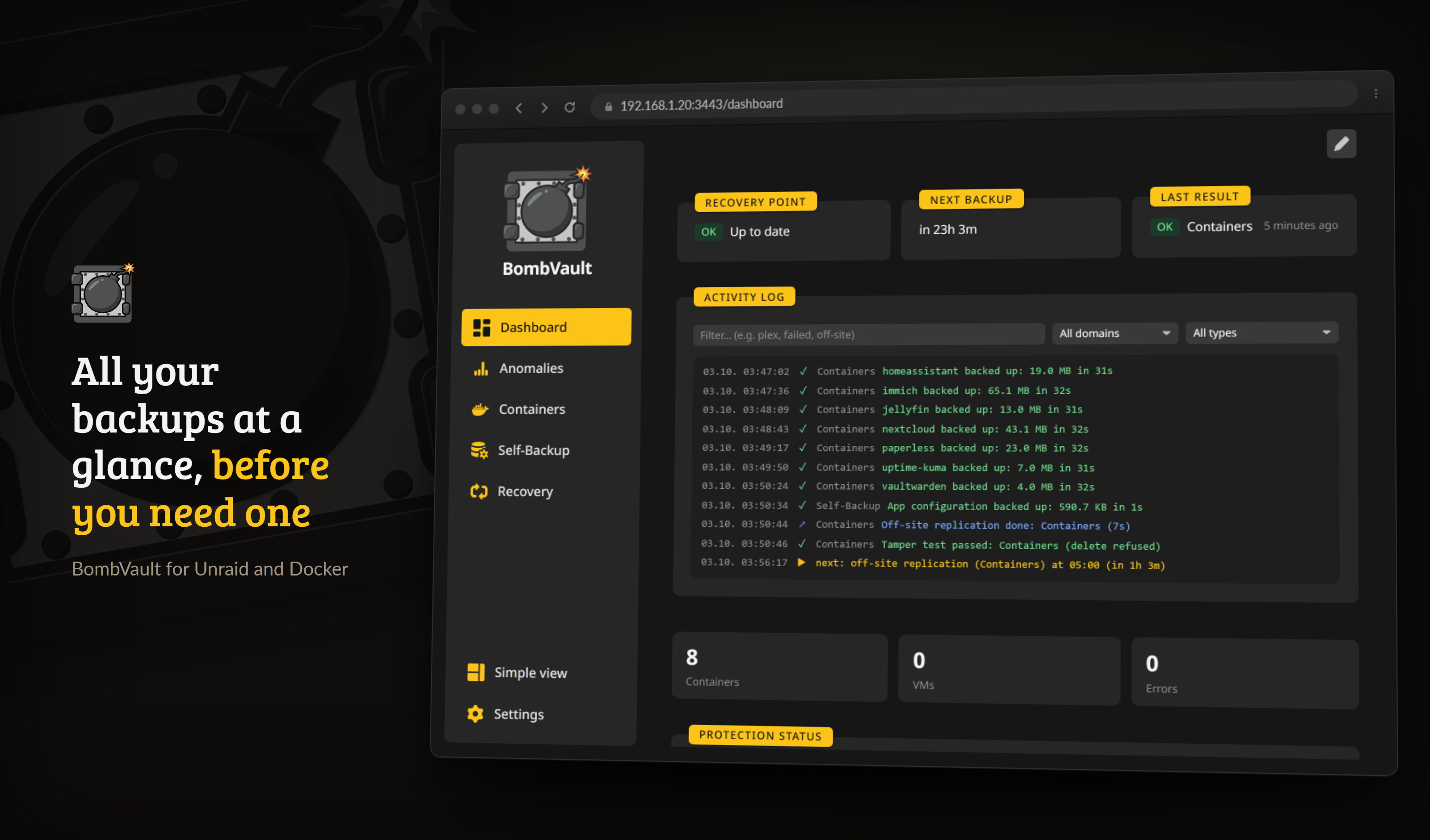 The dashboard after a first backup: what is protected, what runs next, and a live log.
