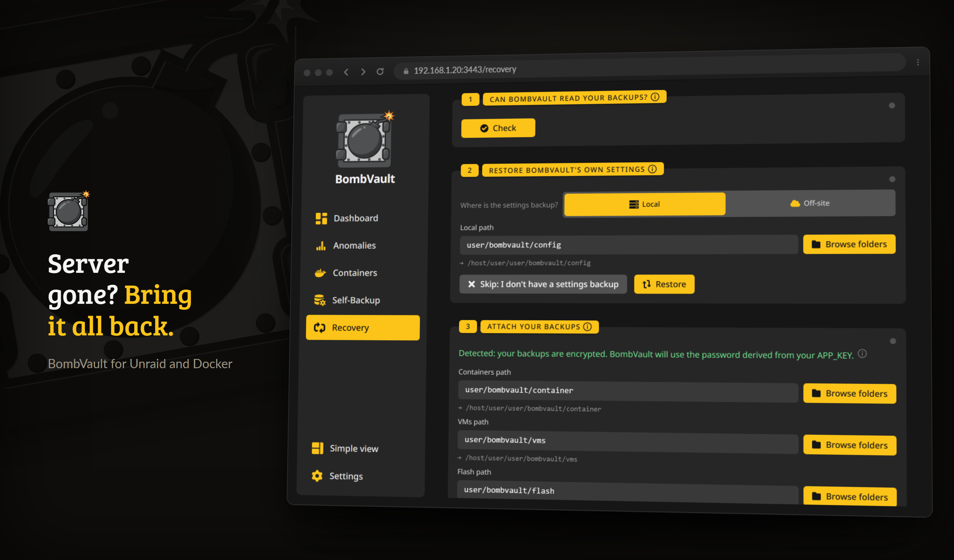 Guided recovery walks a fresh install through the disaster case in one place.