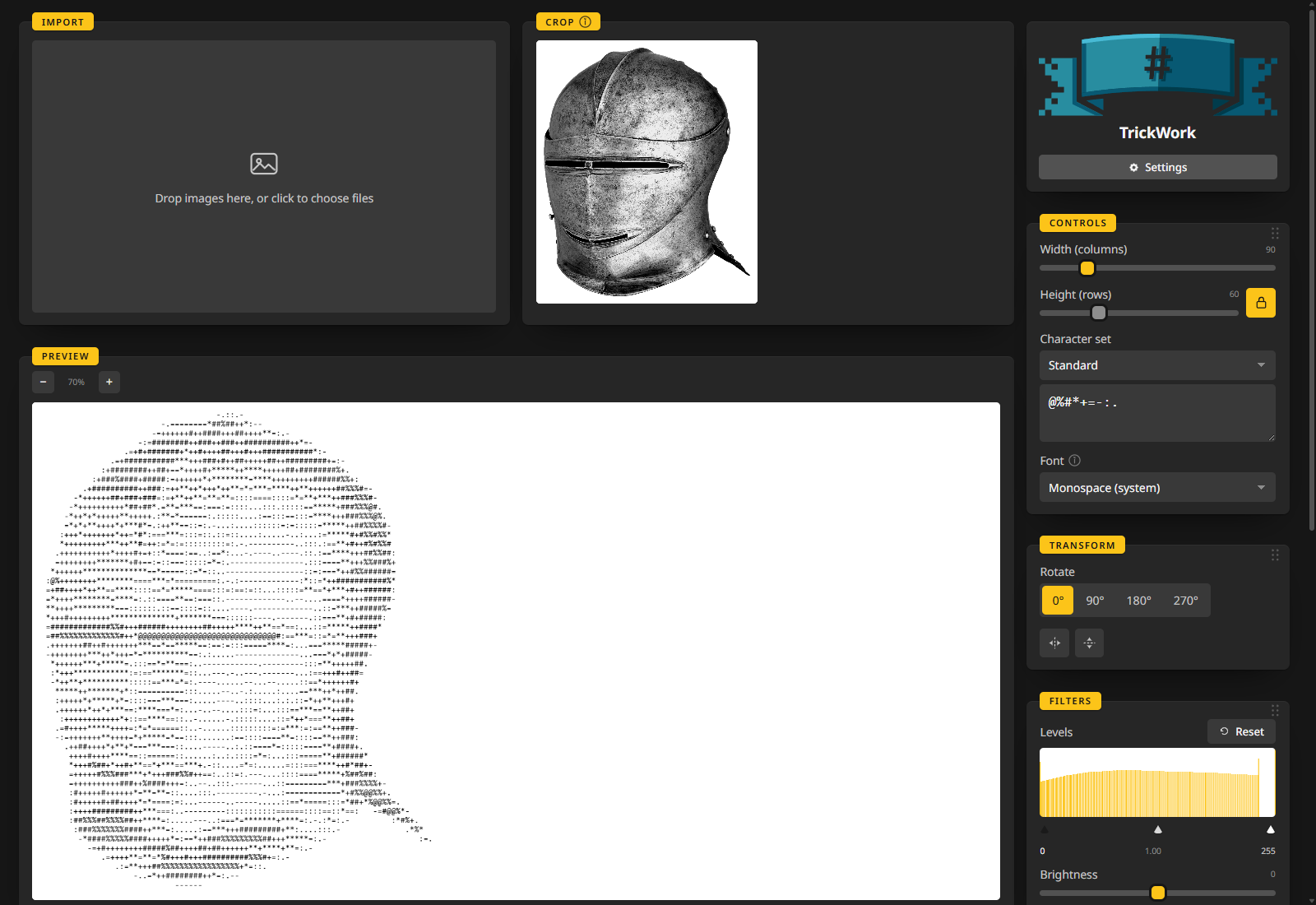 TrickWork converting an image to ASCII art, dark theme